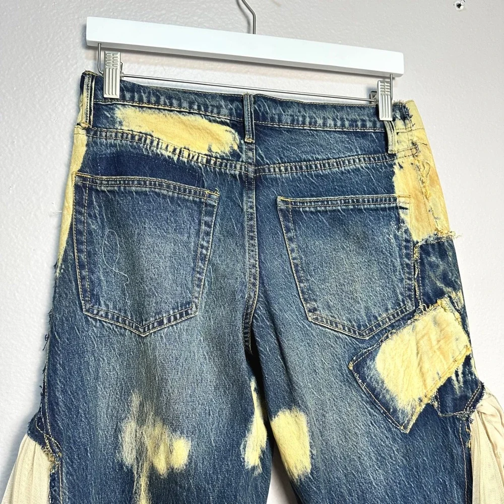 RARE We The Free People Martha Lace Bleach Ruffle Wide Leg Flare Jeans Indigo 28